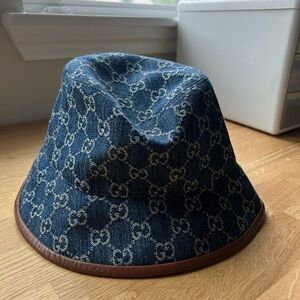 Gucci GG Denim Leather Trim Bucket Hat